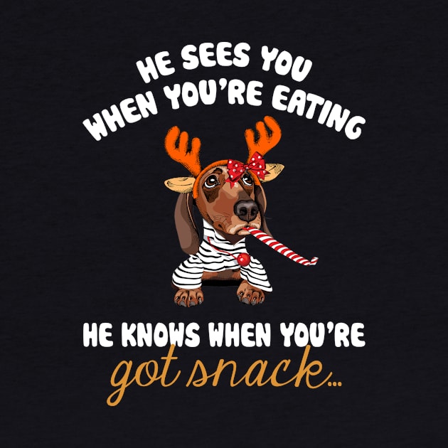 He Sees You When You're Eating Christmas Dachshund by TeeSky